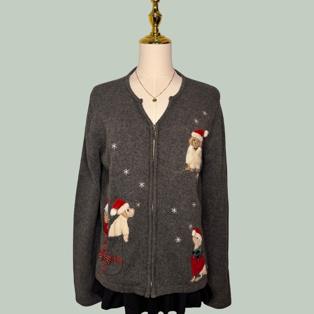 vintage 90s crazy horse liz clairborne ramie knit gray christmas puppy cardigan